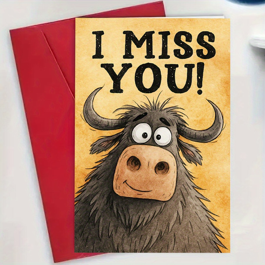 1 Greeting Card + 1 Envelope, Featuring a Cute "I Miss You" Card with a Humorous Buffalo Design, Perfect for Sending to Distant Friends, Family, or Loved Ones to Express Warm Wishes, Includes an Envelope