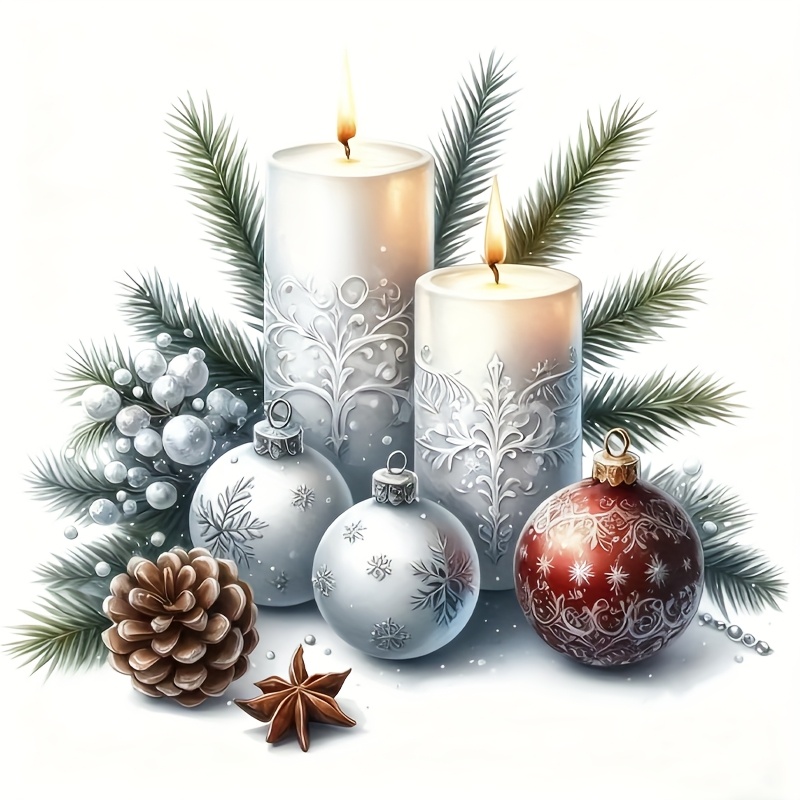TEMU 6-inch Self-adhesive Christmas Candle Vinyl Decal Sticker- Glossy Glittering Snowflake& Pine Branches With White Candles, Red Baubles- Removable