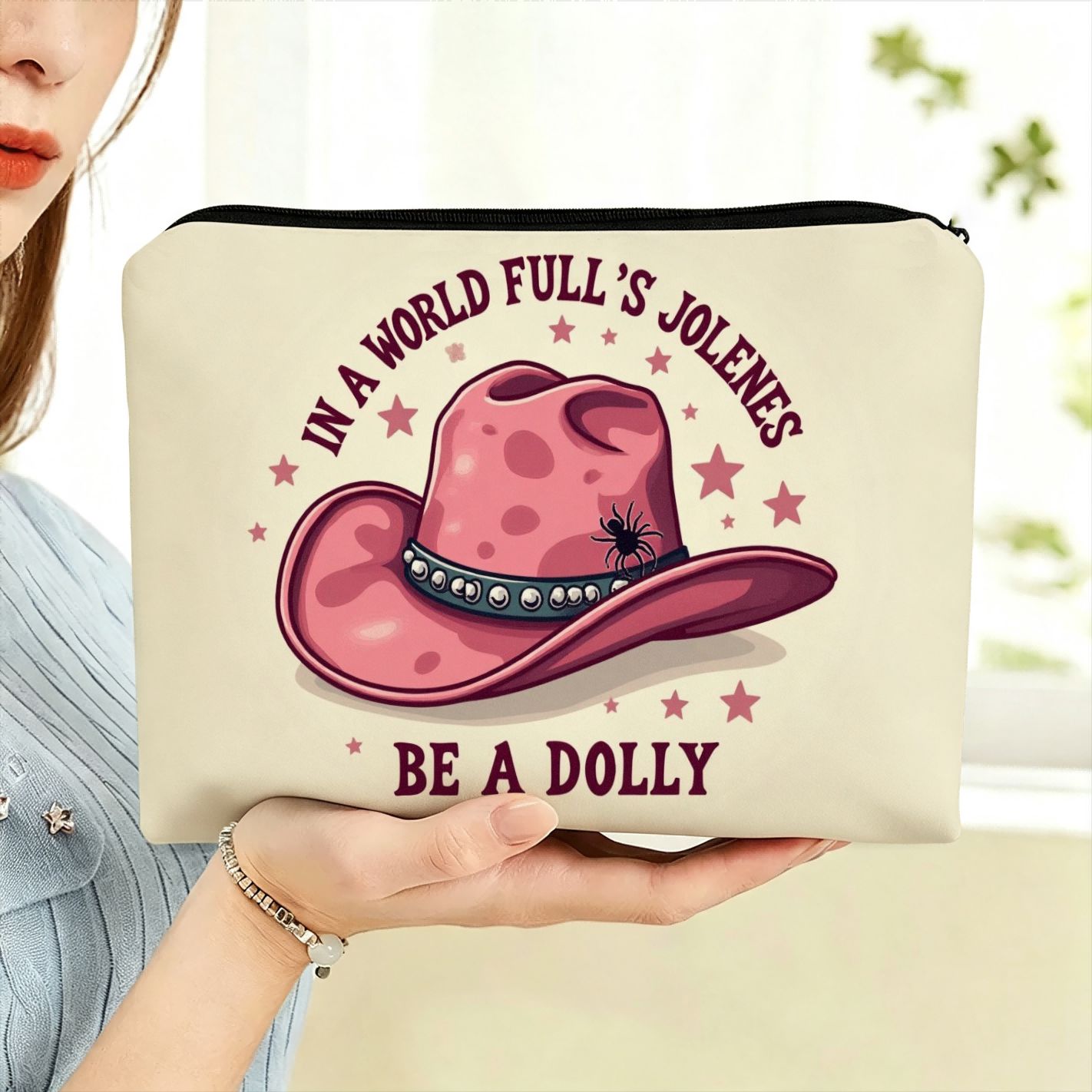 TEMU In A World Full Of Jolenes Be A Dolly Cosmetic Bag - Western Cowgirl Pink Hat Graphic Travel Makeup Pouch, Durable Zipper Organizer, Portable