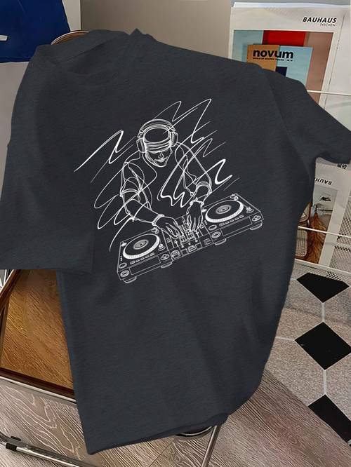 mens lightweight dj mixing graphic tee casual polyester short sleeve t shirt with abstract music print machine washable for summer