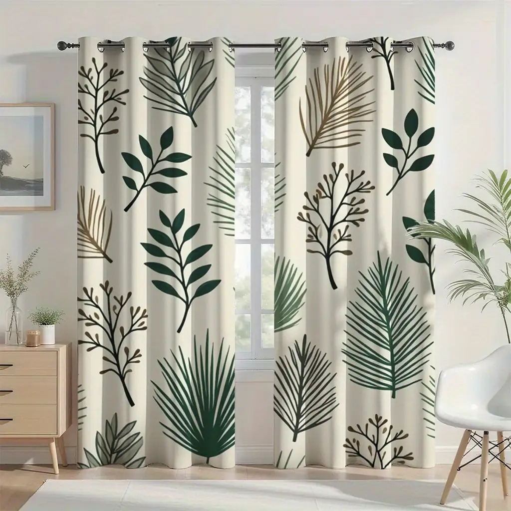 TEMU Rideaux 2D Plats, 2 Pièces Motif Palmier Feuille Beige et Vert - Polyester Semi-Transparent, Lavable en Machine, Design à Œillets pour Salon,