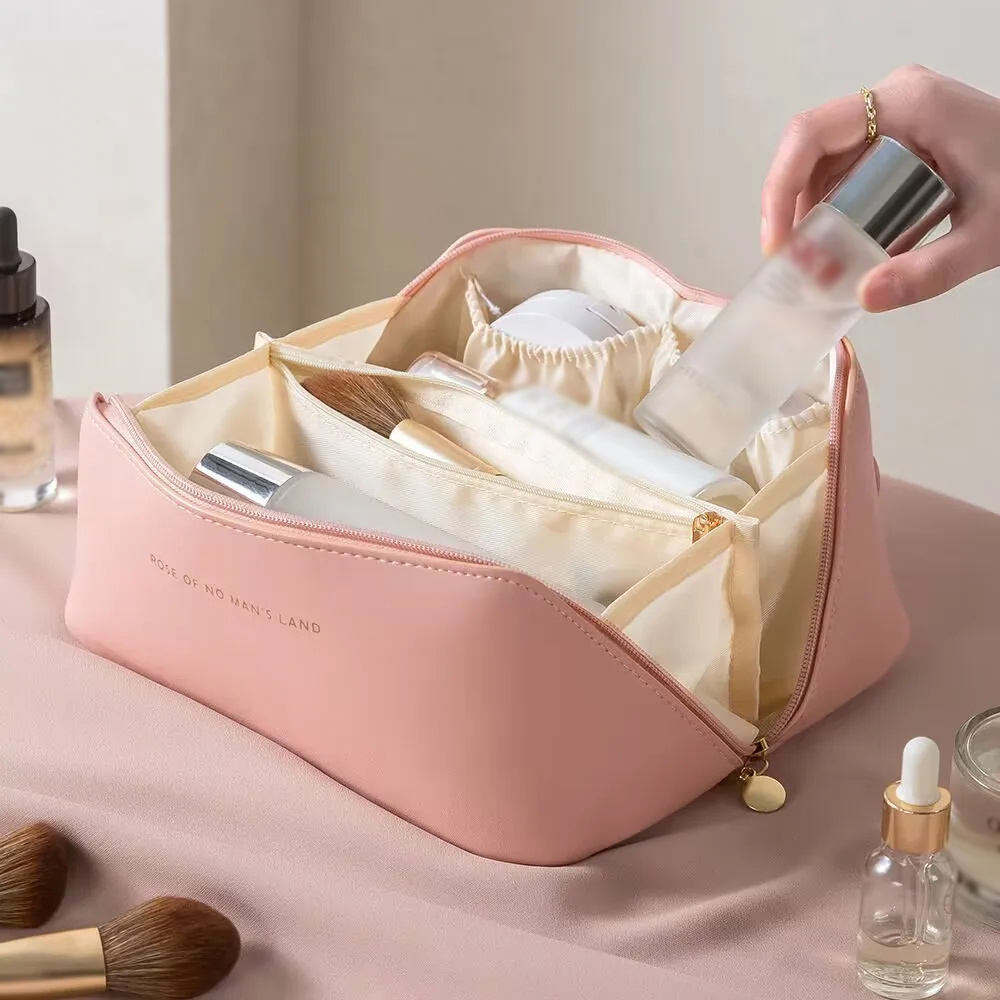 

Waterproof Leather Makeup Organizer - Large Capacity Travel Cosmetic Bag With Divider & Handle, Unscented Toiletry Wash Bag For Women