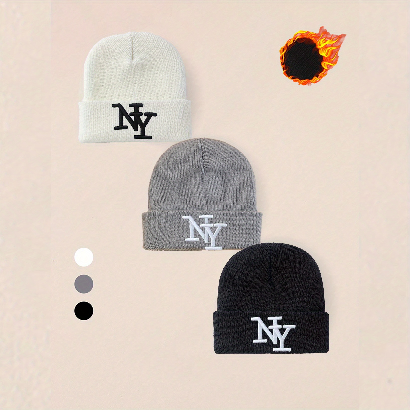 TEMU Lot de 3 bonnets d'hiver brodés pour hommes et femmes, combinaison, lettre, bonnet de citrouille facile à broder, bonnet tricoté toutes , bonnet