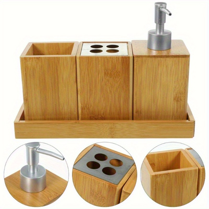 1 set   juego de baño de bambú dispensador de jabón soporte para cepillo de dientes botella de champú con bomba,    , operación manual, sin electricidad, adiciones para baño de casa/huespedes