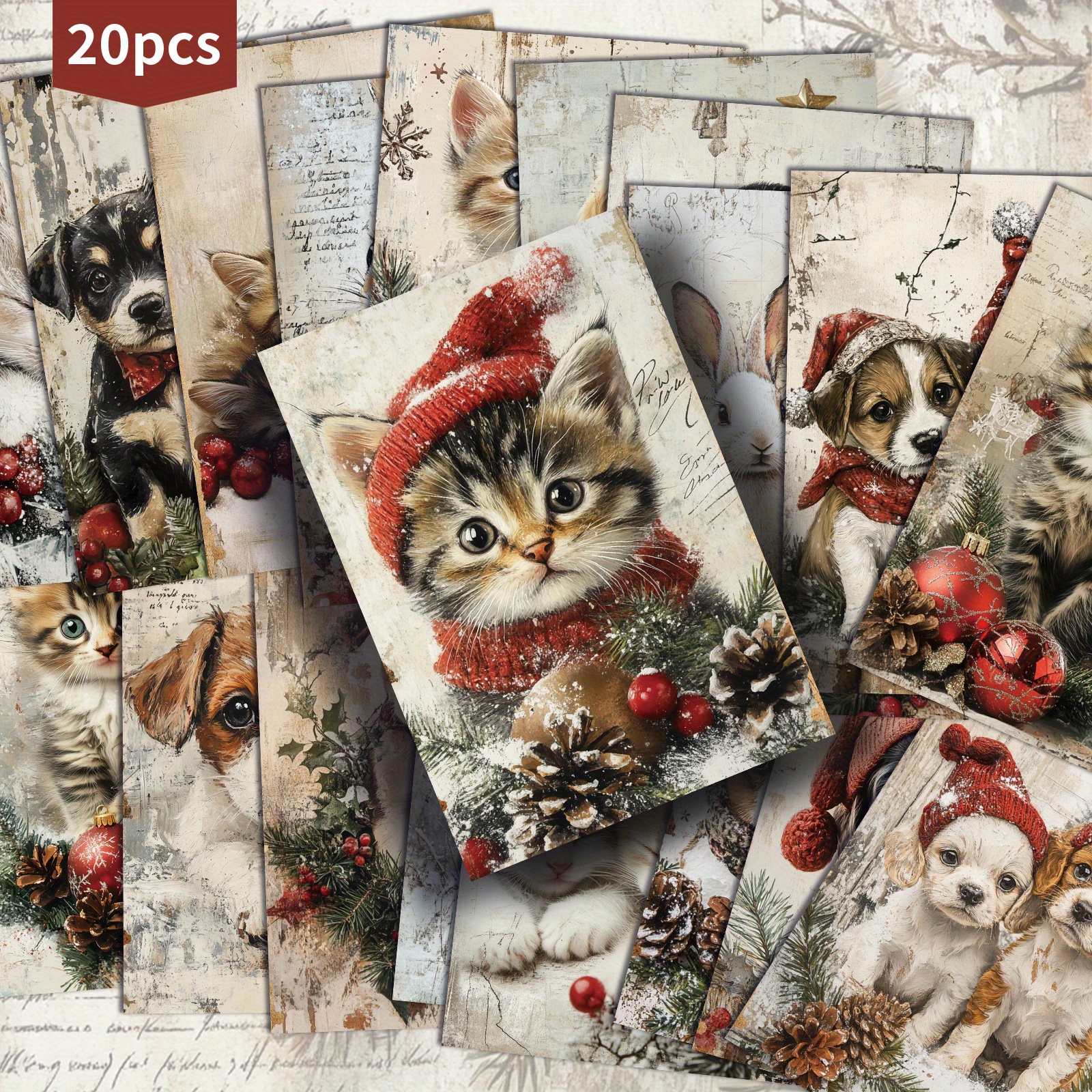 TEMU 20-pack Vintage Christmas Animals Paper Postcards - 4x6 Inches Vintage Junk Journal Paper, Classic Pinup Illustrations, Collectible Decorative