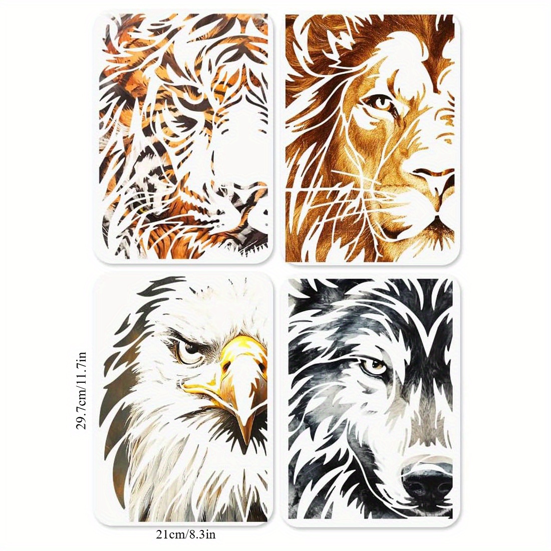 

4pcs Pochoirs à Œil sur le Thème Animalier Tigre Lion Aigle pour Peinture 11.7×8.3 pouces avec Pinceau Pochoirs Réutilisables pour Artisanat sur Fenêtre Mur en Bois Décoration Maison