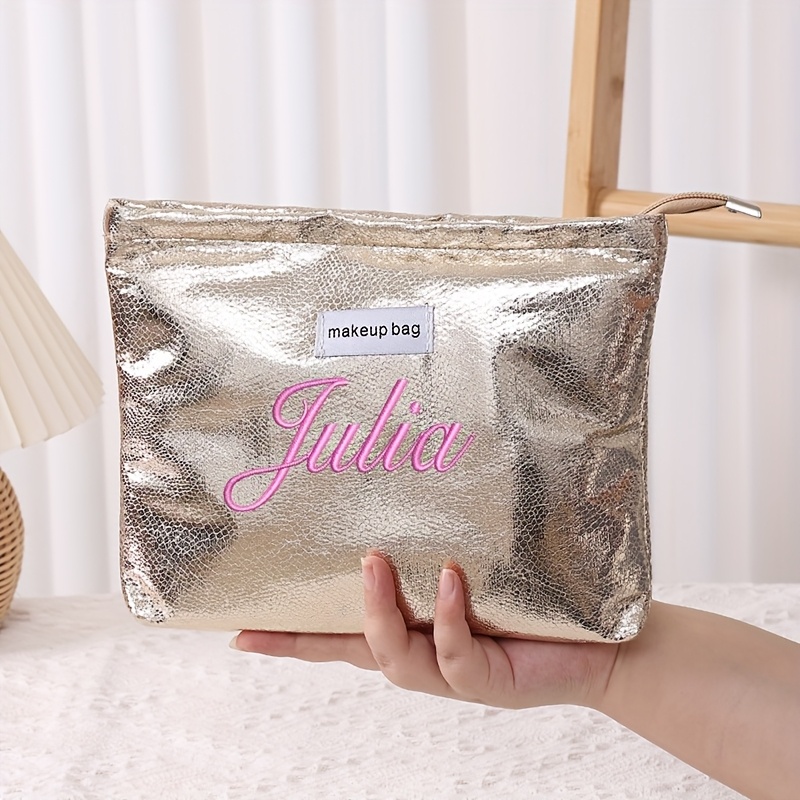 TEMU 1pc Custom Letter Name New Shiny Large Capacity Premium Makeup Bag, Custom Embossed Letter Text, Suitable For College, Daily , Travel, Parties,