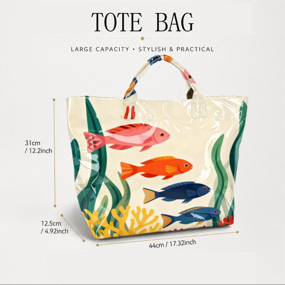 TEMU And Coral Print Tote Bag, Colorful Ocean Pattern Shoulder Bag, Whimsical Underwater Design Handbag, Glossy Lightweight Top Handle Bag, Coastal