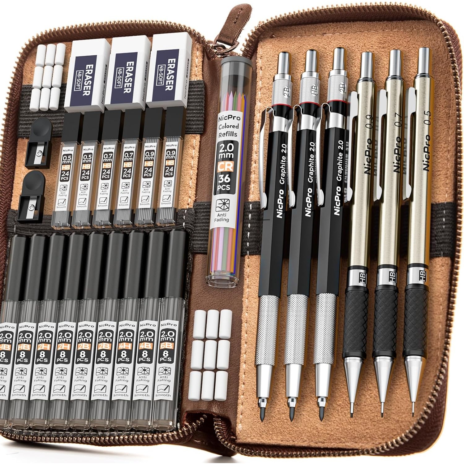 Art Mechanical Pencil Set In Leather Case, 3pcs 2mm Lead Holder, Clutch Pencil 0.5 Mm & 0.7 Mm & 0. With 16 Tube (6b 4b 2b Hb 2h 4h Colors) Lead Refills For Sketching, Drafting