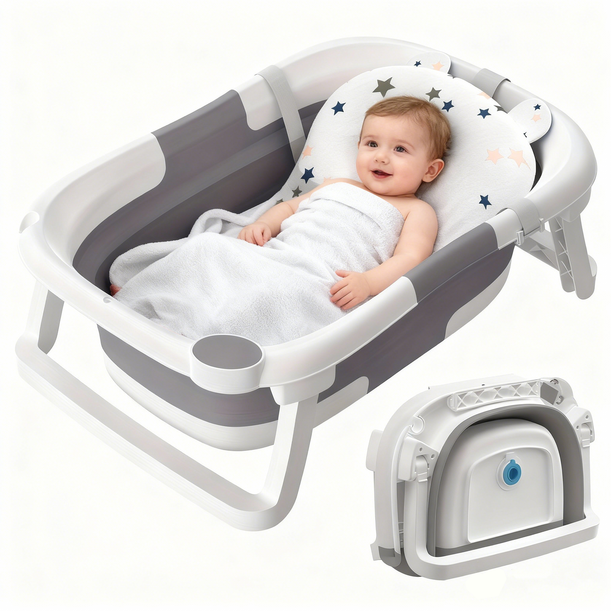 Image of Cochildor Foldable Baby Bathtub With Soft Cushion & Non-slip Mat - Portable Collapsible Bath Tub For 0-12 Months Infants, Bathtub (60.5x43x20.5cm), Travel-friendly Bath Pool (pink/gray)