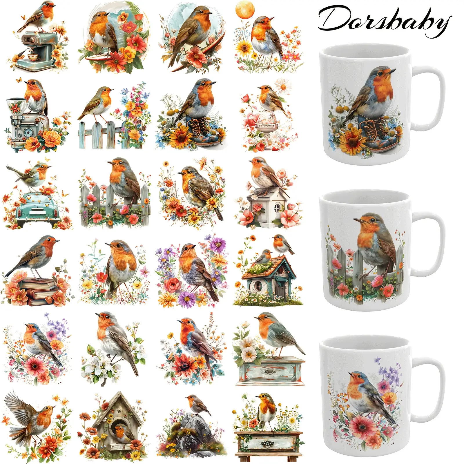 TEMU 2d Flat, 24pcs Vinyl Uv Dtf Transfer Sheets Compatible For Smartphones & Laptops - Floral Robin Bird Iron- Patches, Diy Crafts, Durable Decals