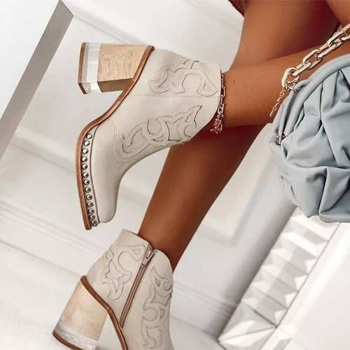 womens plus size european american embellished boots suitable for parties weddings sparkling rivet trim chunky high heel ankle boots soft round toe zipper closure boots hand washable women shoes