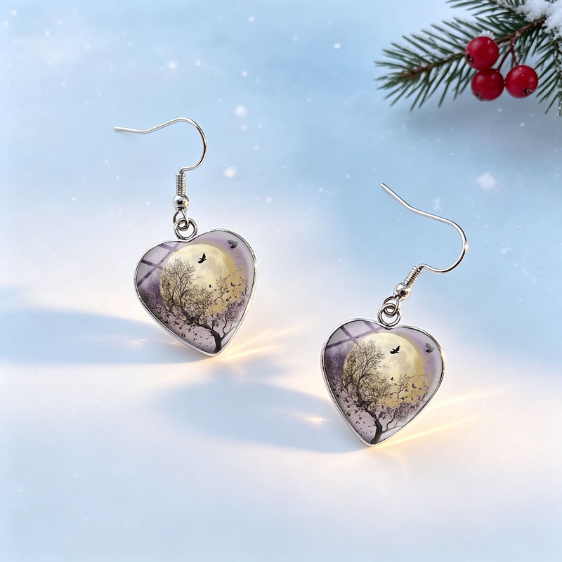 Unisex Glass Dome Dangle Earrings, Bare Tree & Purple Moon