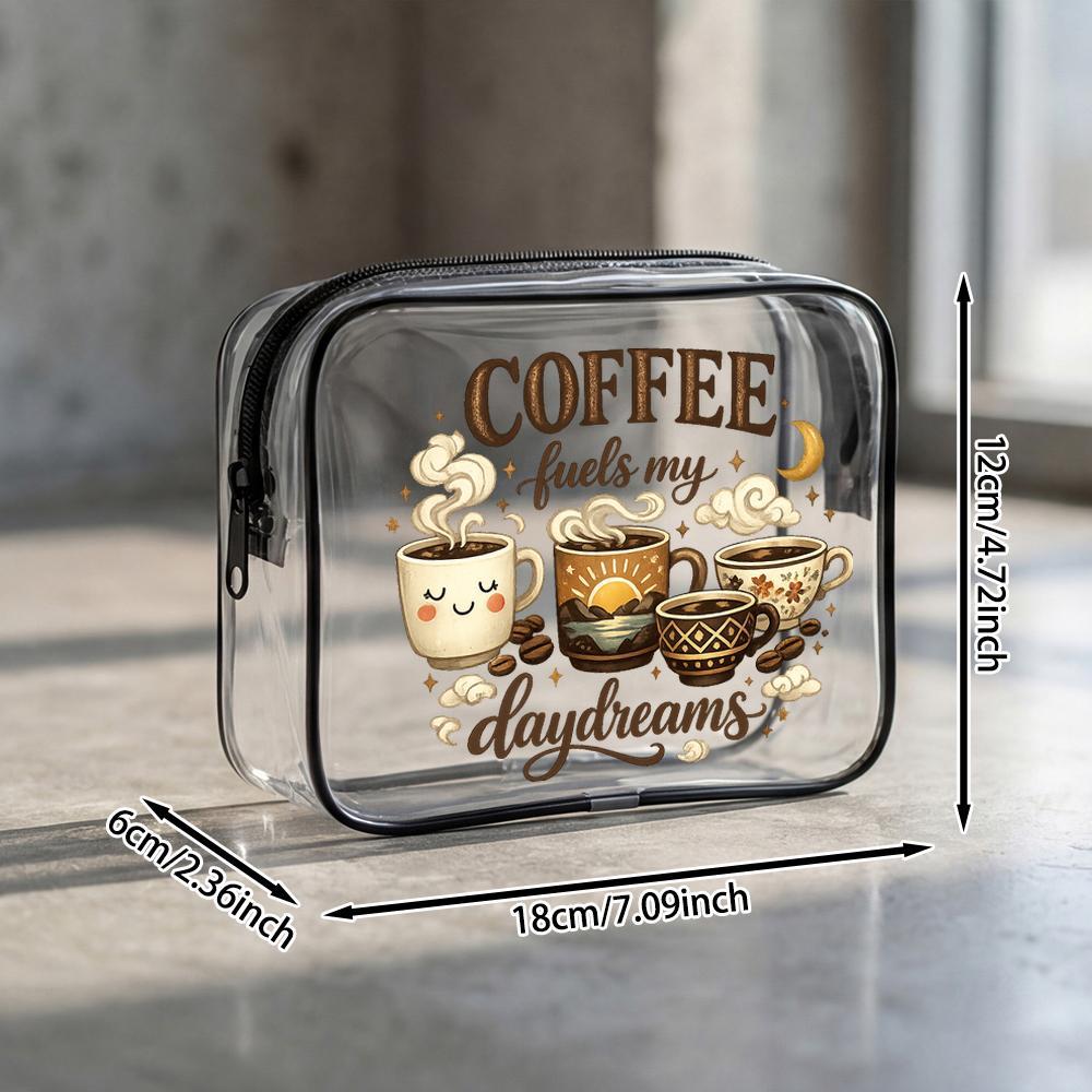 TEMU Borse per il bagno articoli da toeletta, Tazze da caff癡 a animati e chicchi di caff癡, Borsa cosmetica in PVC con cerniera, Stile Kawaii e caldo
