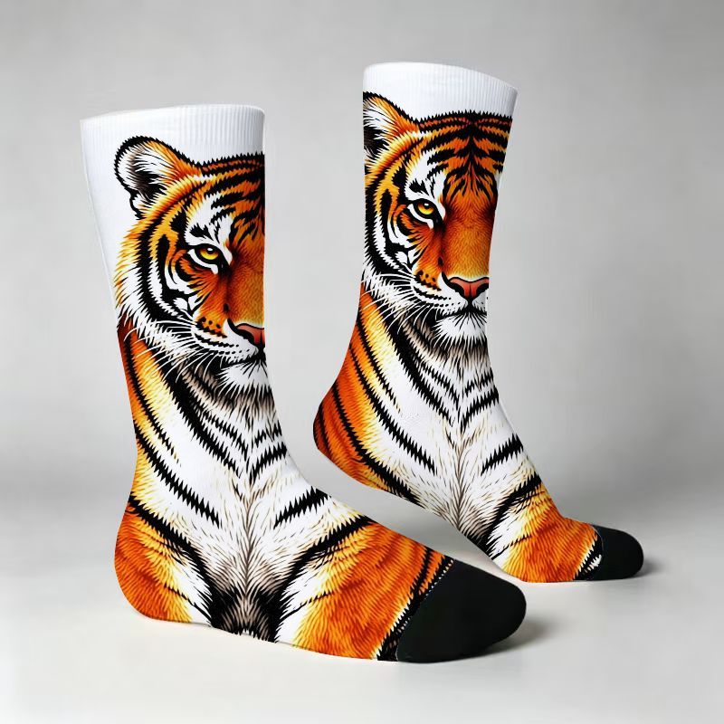 TEMU Realistic Tiger Print Crew Socks, Vivid Wild Animal Design With Detailed Stripes And Eyes, Black Casual Socks For Men Women, Breathable