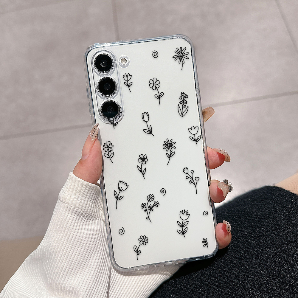 Trda zaščitna ovitek za telefon: Prosojna ovitek s črnimi črtami in majhnimi cvetovi, primerna za for Galaxy S26 Ultra, S26, S26 Plus, A14, A15,