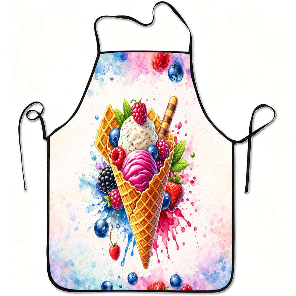 Image of 1pc Colorful Ice Cream And Print Apron, Durable And Easy To Clean, Adjustable Waistband, Polyester Material, For Kitchen Cooking, Gardening, Picking, Christmas Halloween,.