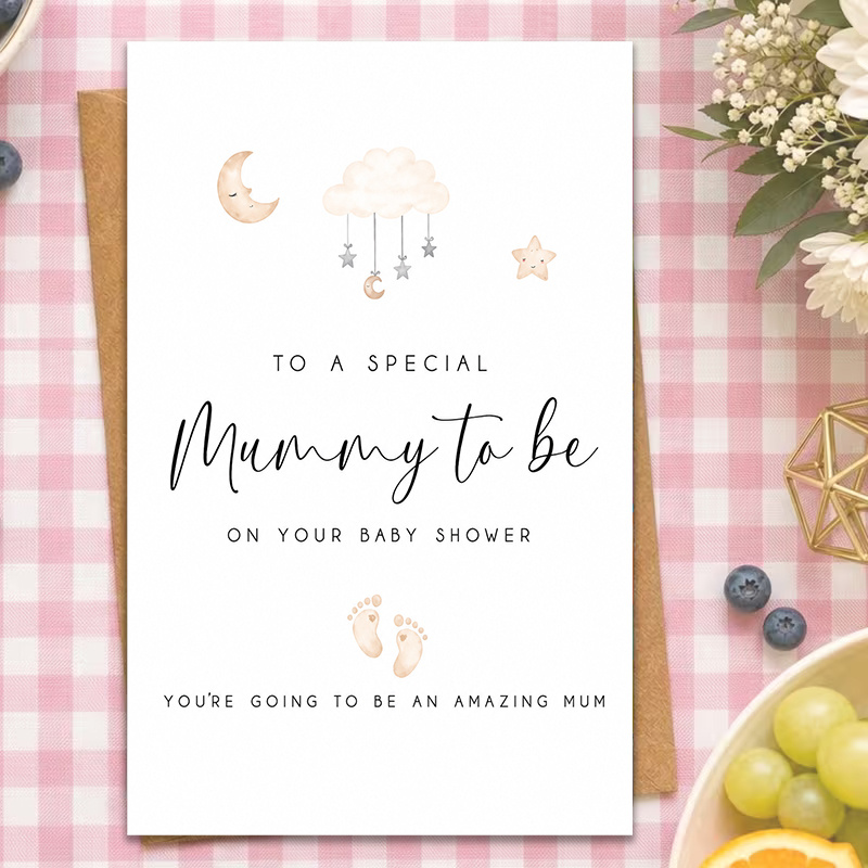 TEMU 1pc Special To Shower Card 'to To Be' - Moon, Clouds, Stars And Baby Footprint Easy Design, Suitable For Pregnant Women's Baby Shower , Blank