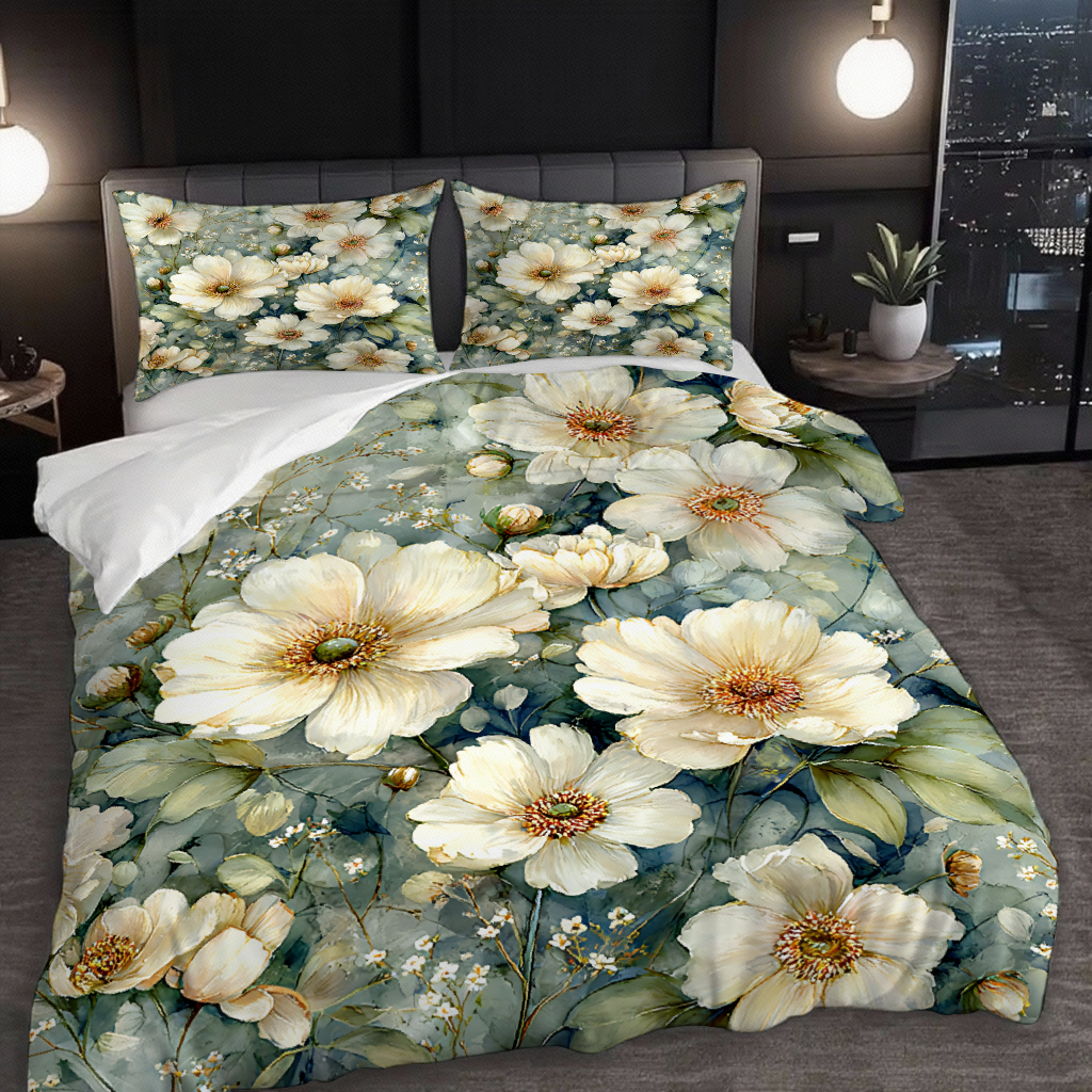 Jit2/3 piezas Suministros para dormitorio Estampado digital Juego de funda de edredón Verde claro Base con patrón floral blanco Ultra suave Cepillado Estampado digital Suave y cómodo Puede ser regalo de San Valentín Regalo de cumpleaños Regalo de vacaciones Aplicable a dormitorio Sofá Hotel Dormitorio