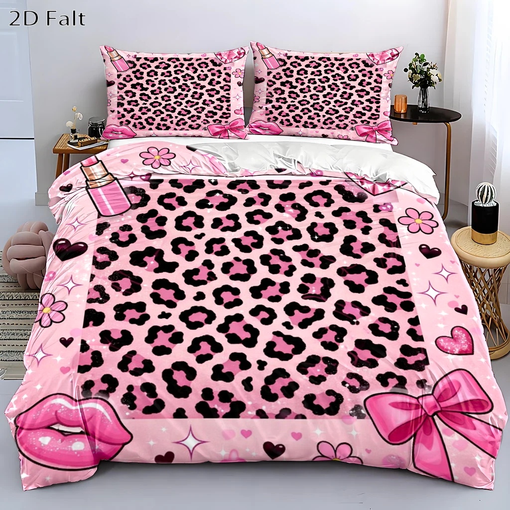 TEMU 3pcs Pink Leopard Print Duvet Cover Set, Bedding 3pcs Set (1*duvet Cover   2*pillowcases), With Hidden Zipper, Machine Washable, Suitable For ,