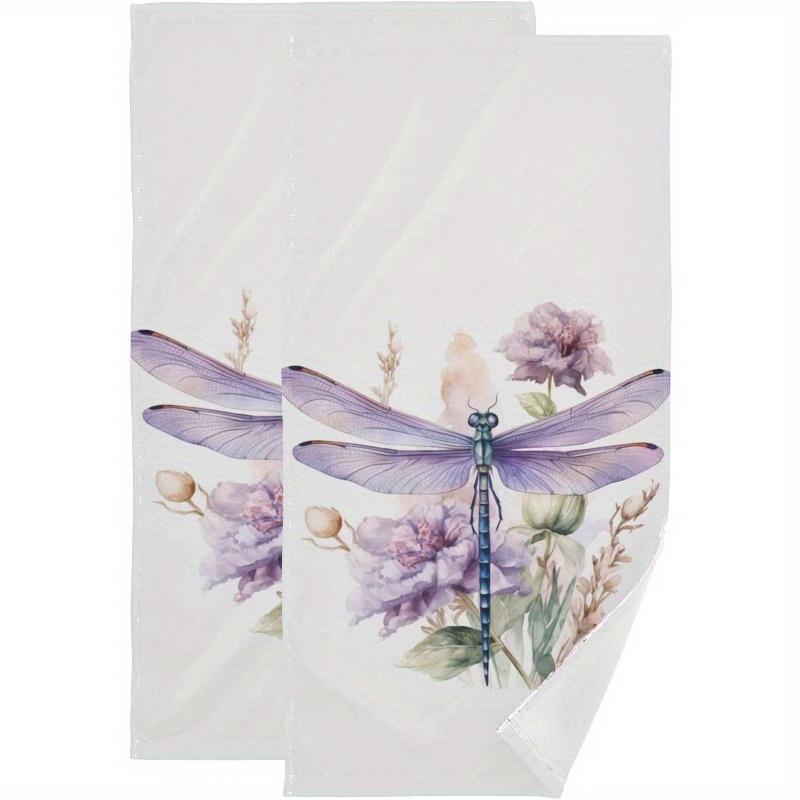 

2-pack Modern Watercolor Dragonfly Hand Towels, Polyester, Cartoon Floral Design, Machine Washable, Rectangular Kitchen Dish Towels For Spa & Home Decor, 18x26 Inches