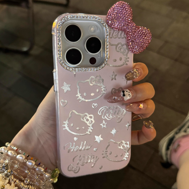 Cute Cartoon Kawaii Cat 3D Diamond Bow Suitable for Iphone 15 Pro Max Phone Case, New Iphone 14 Acrylic Design, Creative Drop-Resistant Protective Cover for Iphone 12