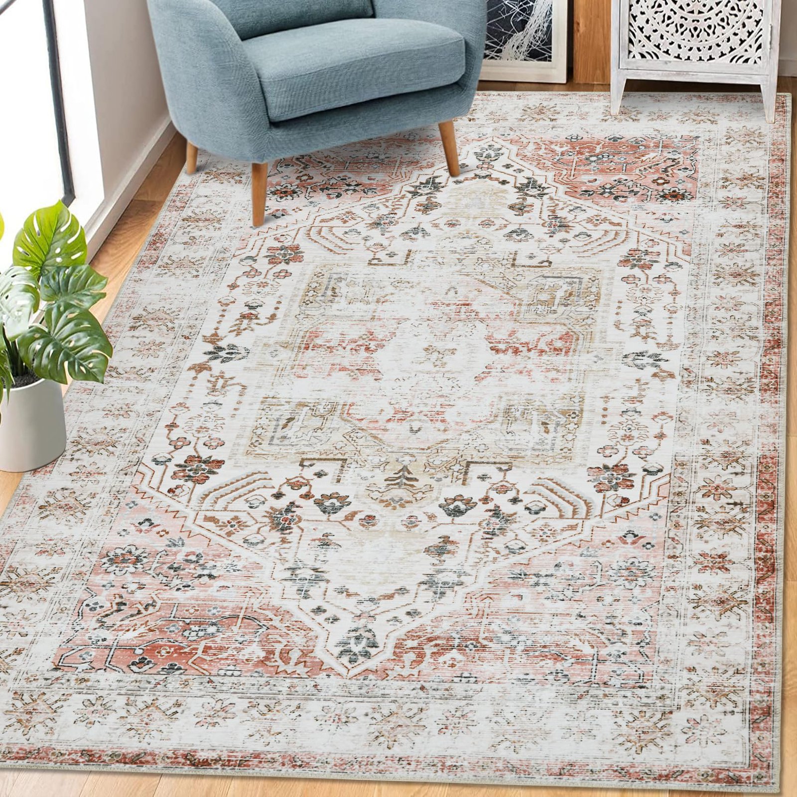 Vintage Washable Area Rug 200x290cm Non-slip Living Room Carpet Large Taupe Bedroom Dining Room Floor Cover Non-shedding Durable