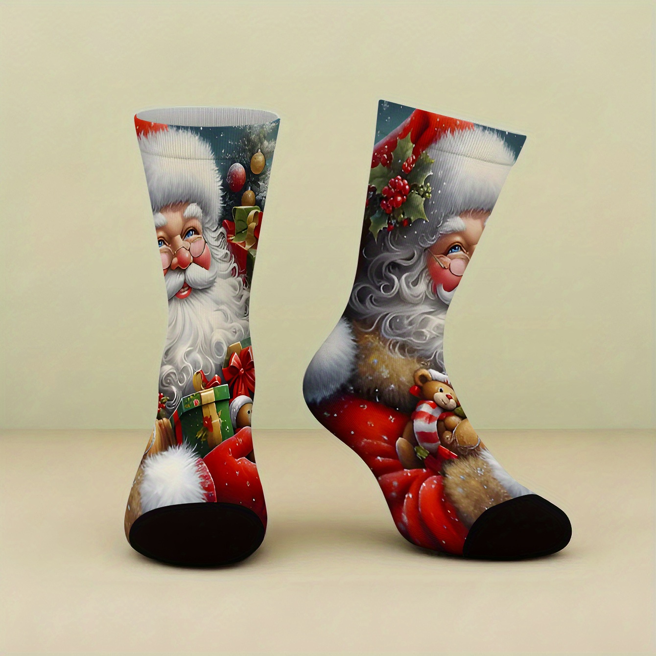 TEMU 1 Pair Of Mid-calf Printed Socks, Featuring A Santa Claus Holding A Gift Print Pattern. High-quality Women's Socks, New Autumn/winter Style