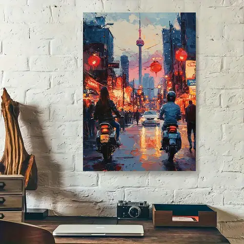 1pc vibrant cityscape motorcycle street art print frameless 12x16 scene with red lanterns reflective sky living room bedroom decor ideal gift for mothers day valentines easter thanksgiving ar