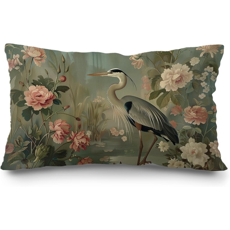 TEMU 1pc 1pcs New Chinese Style Peony & Heron Vintage Oil Painting Lumbar Pillow Cover - Double-sided Print Zipper Cushion Case Suitable For Tea Room