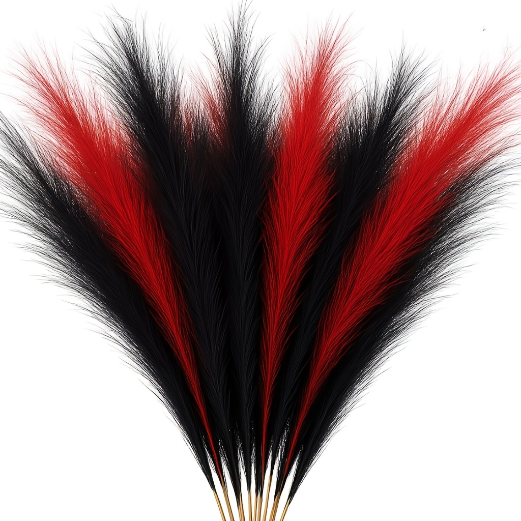 TEMU 16pcs Black And Red Faux Pampas Grass, Fluffy Artificial Branches, Ideal For Bohemian Decoration. Tall Pampas Grass Reeds And Fluffy Stems Serve