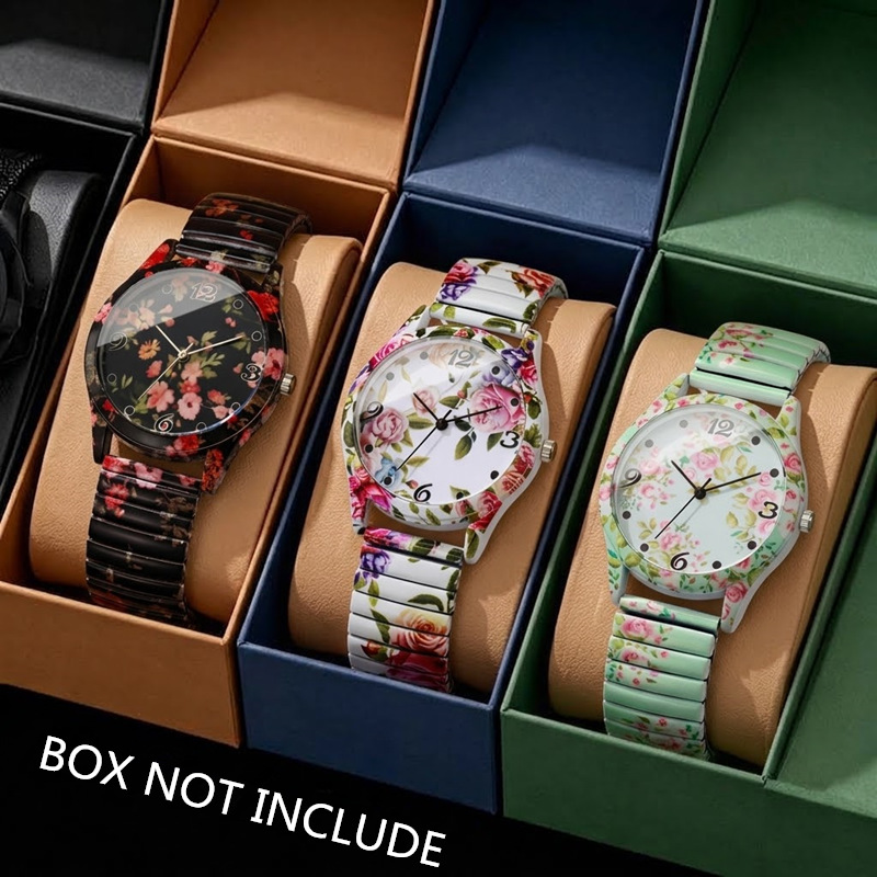 TEMU 3pcs/set Women's Watch Set, Exquisite Quartz Wristwatch With Stretchable Strap And Flower Print, Unique Creative Gift For Women, Stylish Trendy