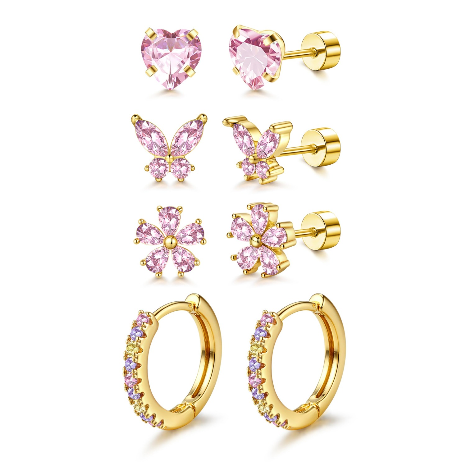 Image of 2d Flat - 4 Pairs Hypoallergenic Earrings 316l Surgical Stainless Steel Cute Flower Heart Strawberry Rainbow Flat Back Earrings Small Daisy Huggie Hoop Earrings Set For Sensitive Ears
