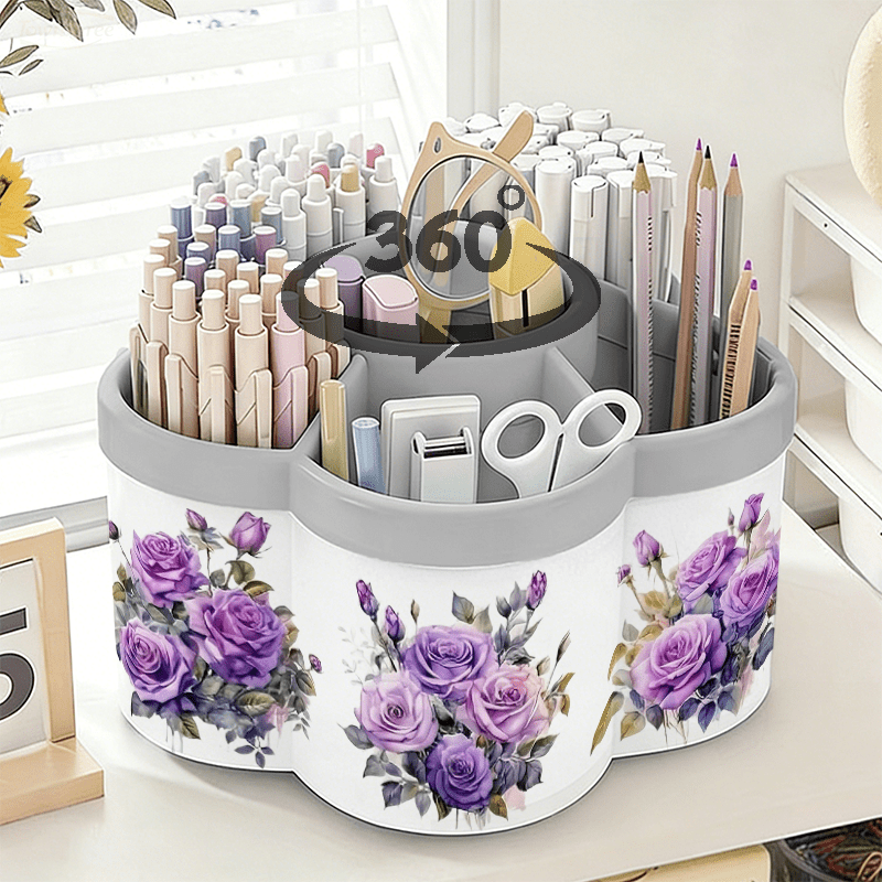TEMU 360Â° Rotating Desk Organizer With Purple Rose Sticker - Large Capacity Rotating Pen Holder & Cosmetic Storage Box, Portable Suitable For School,