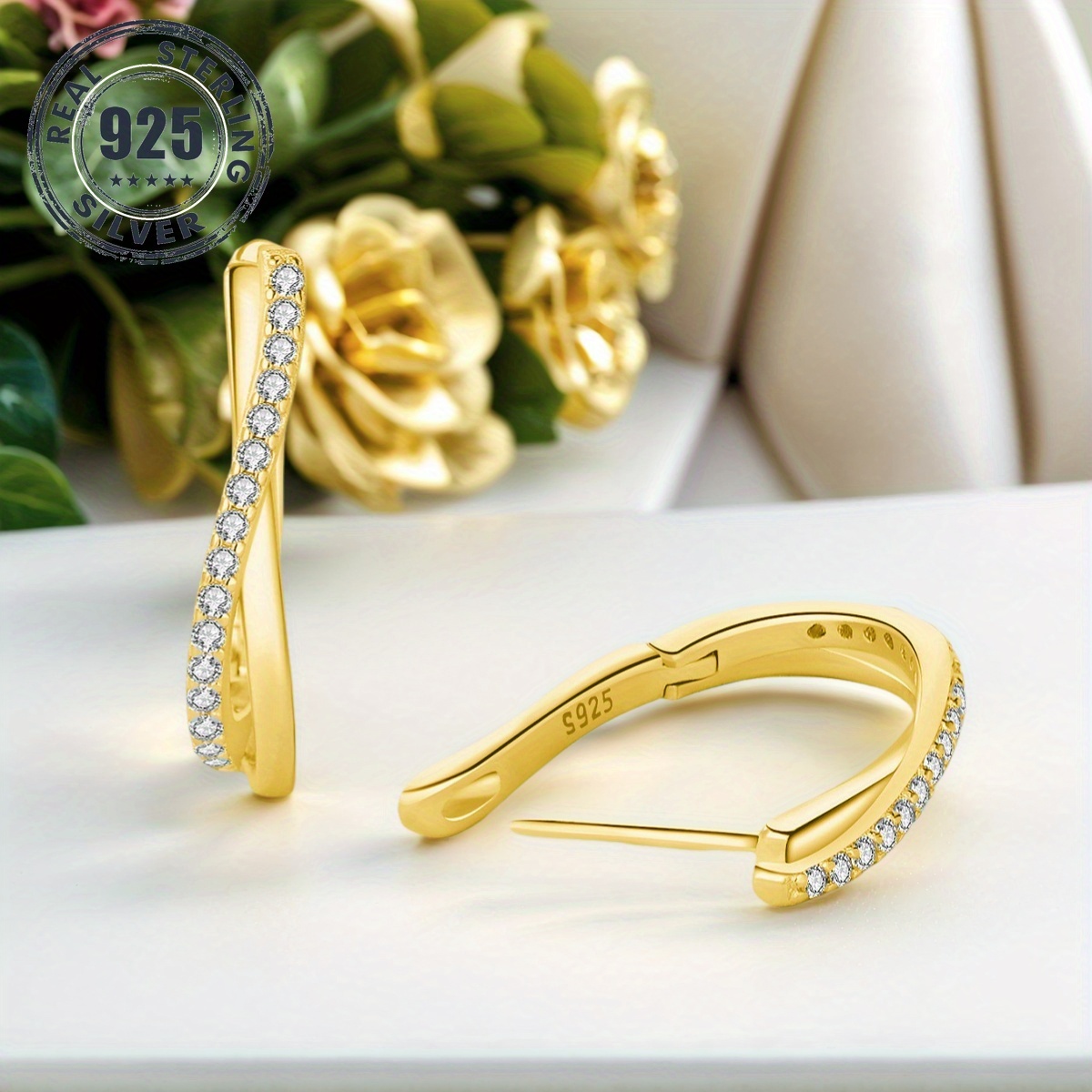 1 pair s925 sterling silver 18k golden plated hoop earrings stone inlaid twisted   hypoallergenic elegant luxurious womens jewelry for daily wear gifting high quality zirconia inlay   stylish gift earrings jewelry for Product details 1
