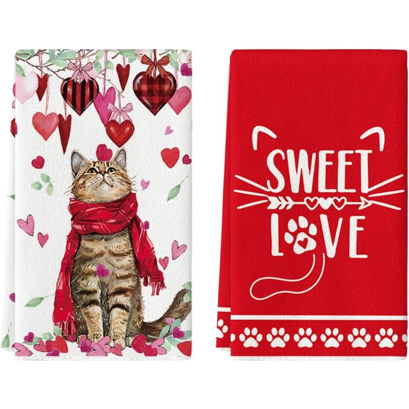 

2pcs Modern Polyester Kitchen Towels, Super Hand Towels With Theme, Machine Washable Square Dish Towels For Valentine's Day Farmhouse Decor