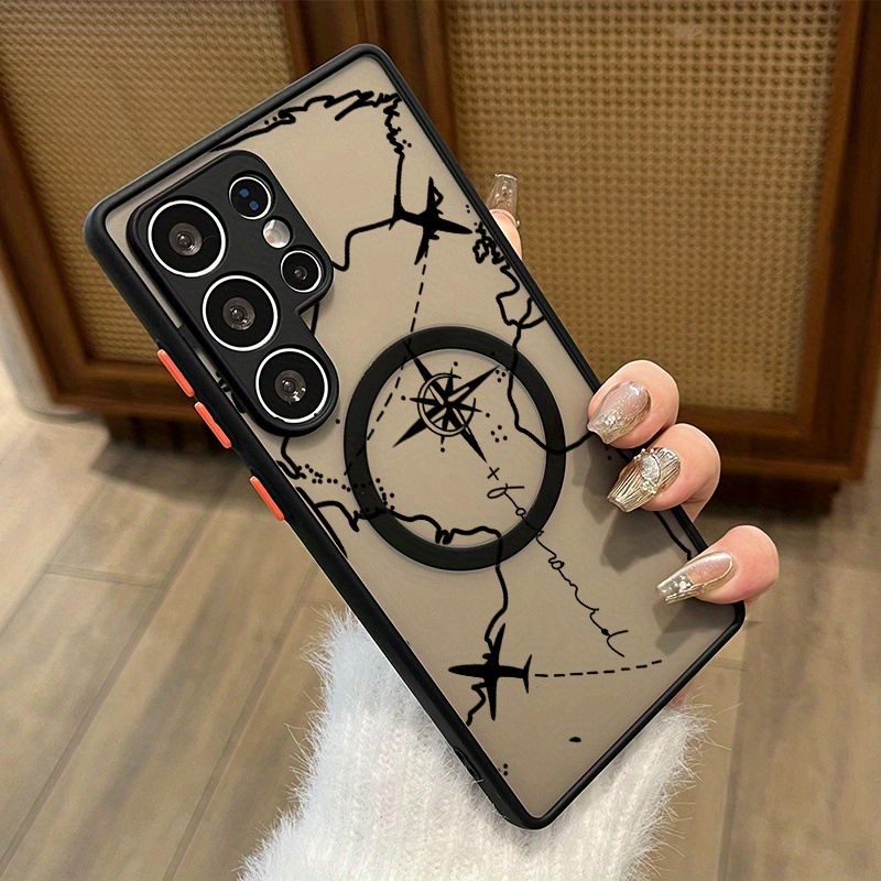 TEMU Phone Case: Black Route Map Magnetic Wireless Charging Matte Skin Texture Printed Anti-fall Protective Case For S25 Ultra, A14, A15, A16, A52,