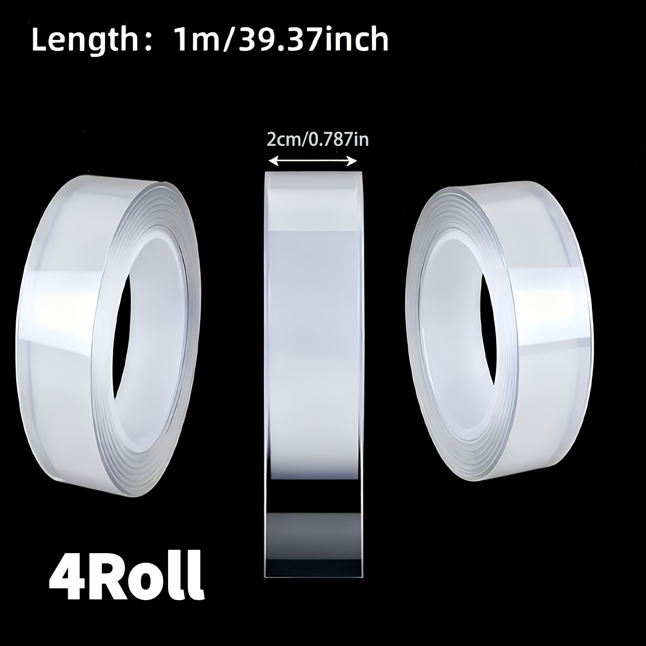 TEMU Lot de 4 rouleaux de ruban double face nano robuste - Bandes adhésives réutilisables, résidu et lavables, adaptées , et la voiture, matériau PVC