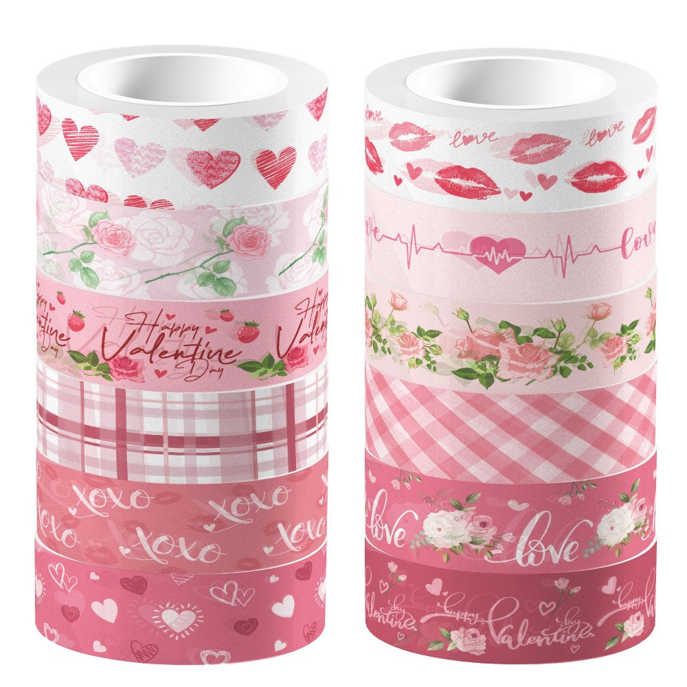 

12 Rolls Valentine's Day Washi Tape Set - Heart & Floral Designs, Waterproof Decorative Adhesive Tapes For Scrapbooking, Journaling, Gift Wrapping