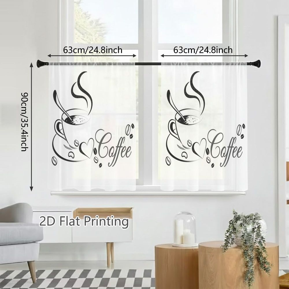 TEMU 2d Flat - 2d Flat - 2d Flat, 2pcs Spring Summer Small Sheer Curtains, Black And White Coffee Cup Illustration With Elegant Cursive Text And