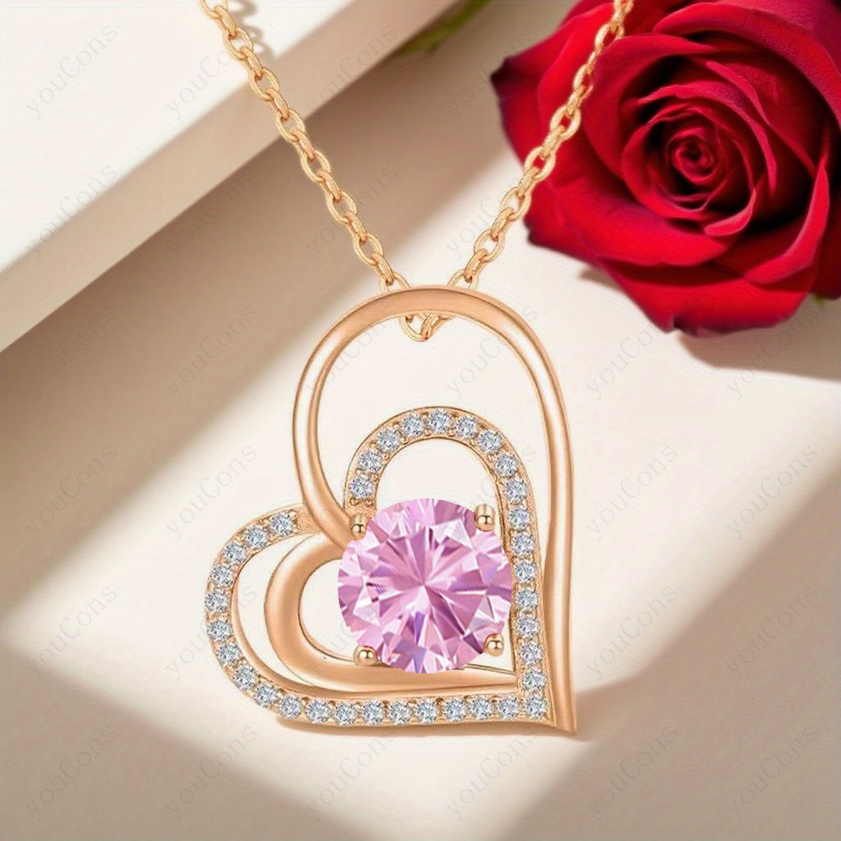 Women's Romantic Pink Synthetic Zirconia Heart-Shaped Pendant Necklace