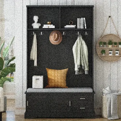 elegant hall tree with sliding doors versatile coat rack with 6 silvery hooks handles mudroom bench cabinet with shoe storage 44 4 w cushion for hallway living room 2 78 7