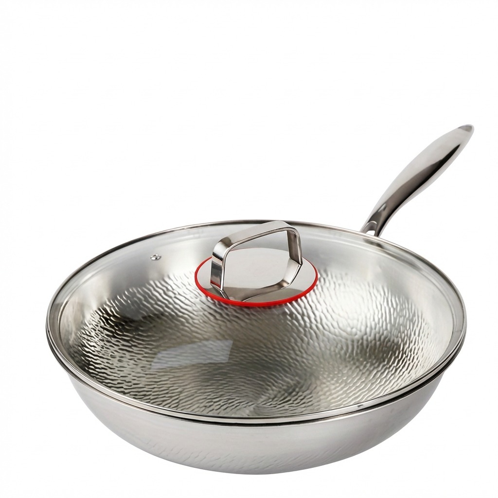 TEMU Professional Titanium Stainless Steel Wok, Chinese Frying Pan, Heavy Duty Sandwich Construction, With Lid, Scratch Resistant, Multiple Sizes ,