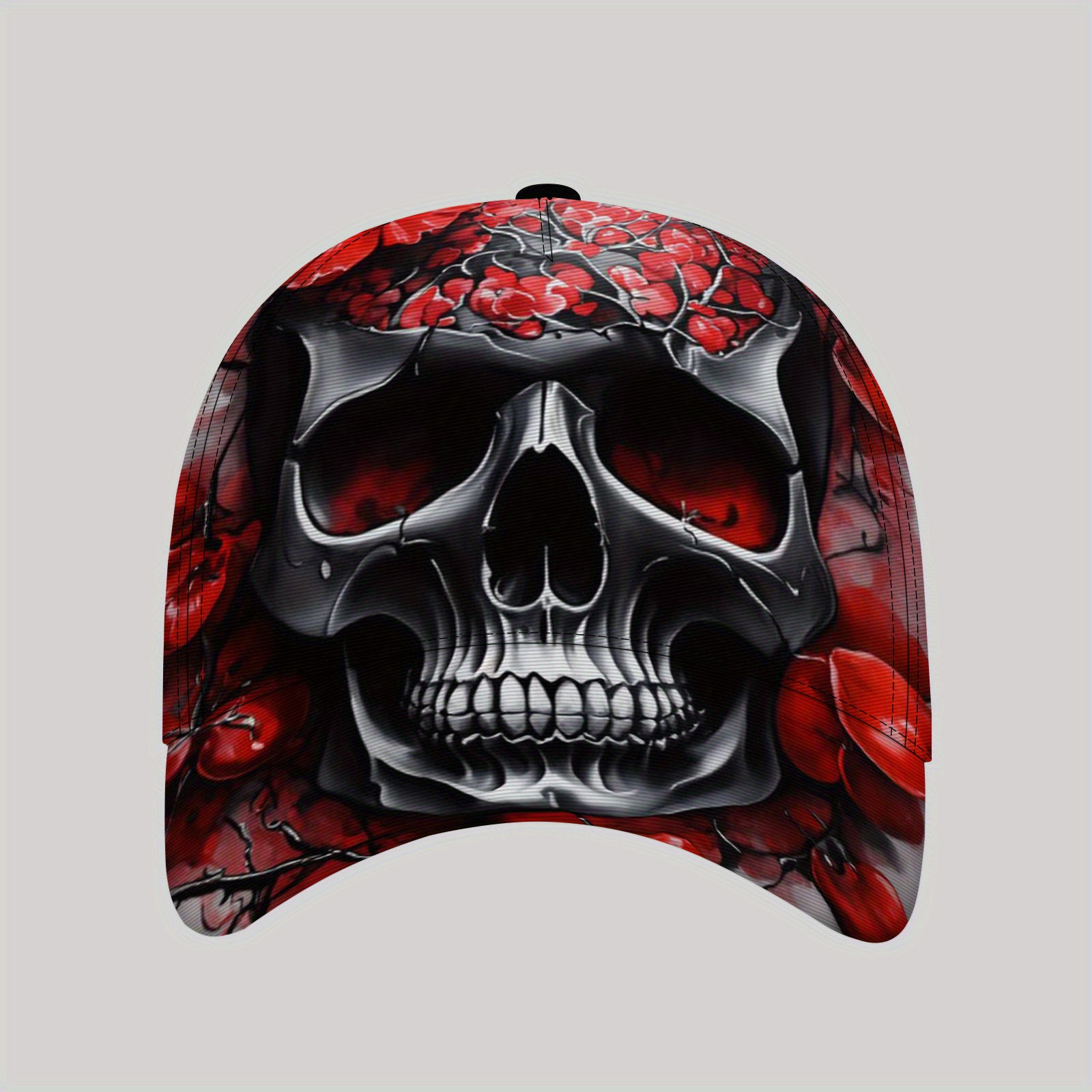 TEMU Skull & Roses Baseball Cap - Stylish Black Skull Design With Red Roses, Lightweight Polyester, Adjustable Closure, Beach, Outdoor Activities,