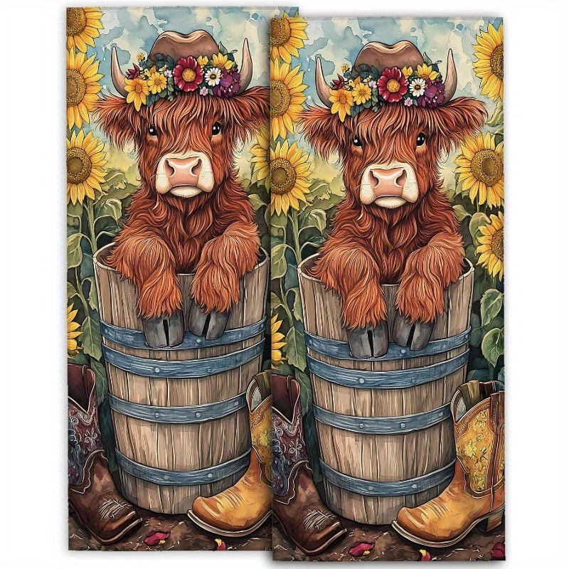 

2pcs Set, Cute Highland Cow Hand Towels, Soft Microfiber Polyester Country Style Towel Set With Sunflower And Cowboy Boots Pattern For Vintage Bathroom Hotel Decor Gift 18x26inches