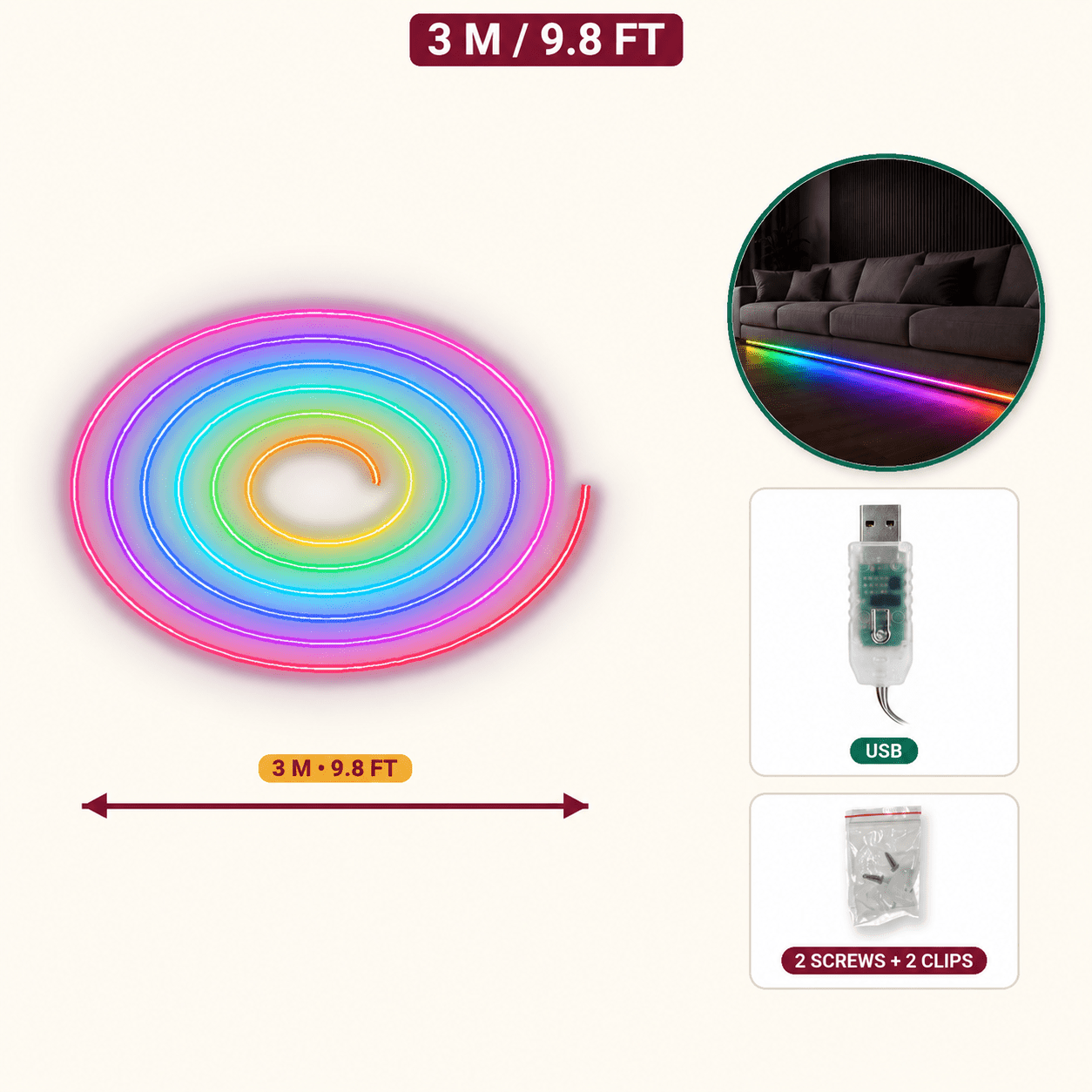 TEMU Smart Led Neon Light Strip With Remote Control, Rgb, 3.2/6.5/9.8/16.4 Ft, Usb Powered, Dimmable, Flexible And Cuttable, Suitable For Indoor Use,