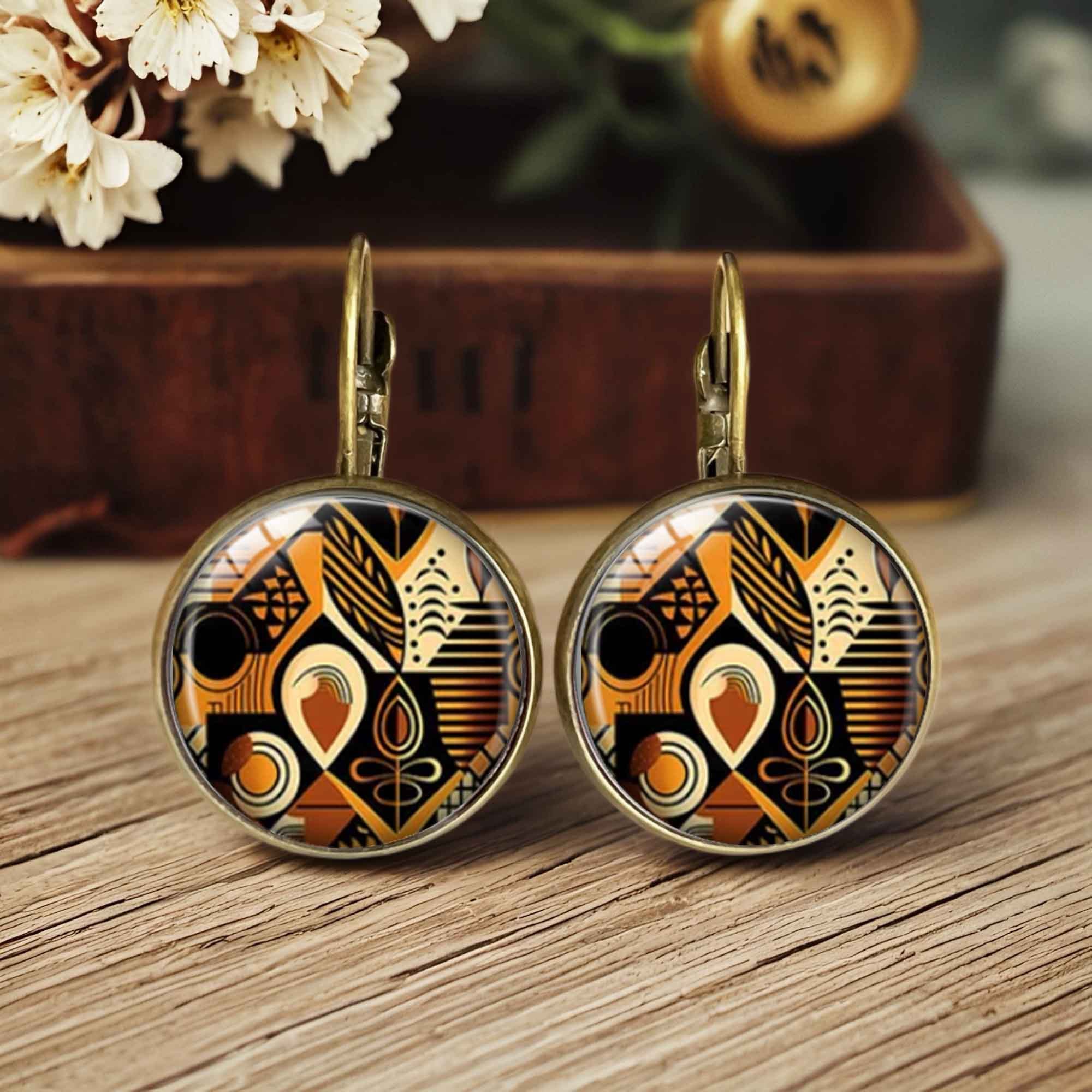 TEMU A Pair Of Vintage Black, Orange, And Brown Geometric Pattern Earrings, Elegant Daily And Party Jewelry -