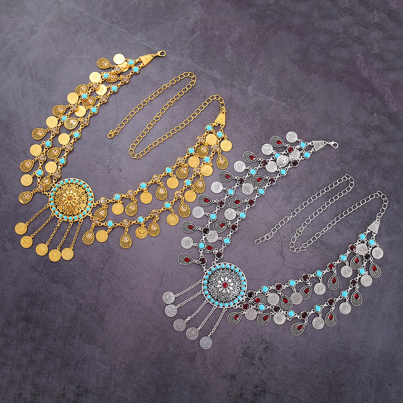 [Bohemian Waist Chain Necklace] NEULRY Women's Bohemian Retro Tassel Waist Chain Necklace - Vintage-Inspired Golden-Tone Metal with Turquoise & Clear Gemstones, Adjustable Headpiece & Waist Chain for Daily Wear, Parties, Weddings, Bohemian Jewelry, Party Accessory, Vintageinspired Design, Intricate Beaded Detail