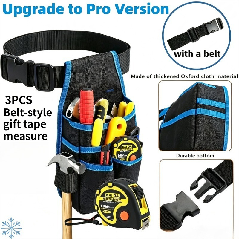 TEMU 3pcs Heavy-duty Tool Belt Pouch With Adjustable Widened Waist Belt & Multi-pocket Oxford Cloth Holster - Portable Work Waist Bag Suitable For