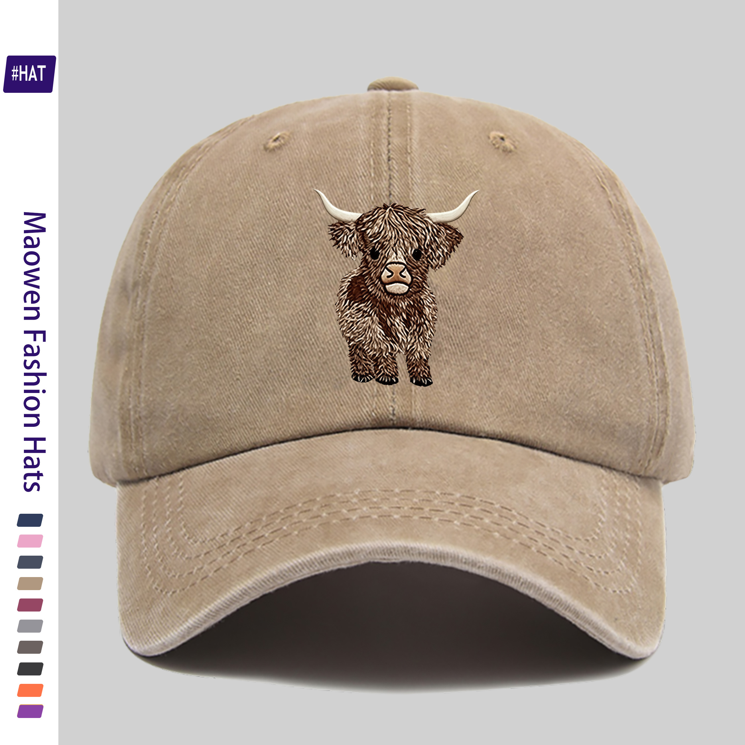 TEMU 1pc Washed With Cute Highland Cow Pattern Print, New Summer Distressed Vintage Baseball , Unisex - Lightweight Outdoor Hat, Travel And Leisure